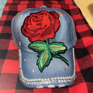 Denim Rose Studded Baseball Cap